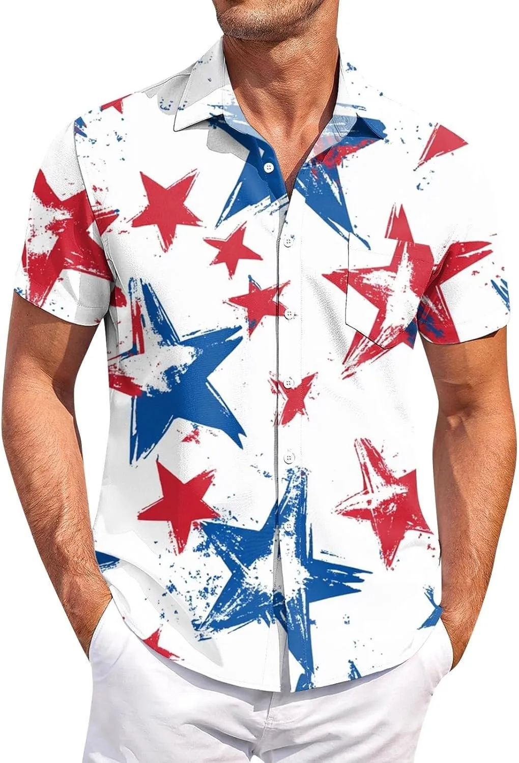 Men's American Flag Print Patriotic Shirt Casual Short Sleeve Hawaiian Button Down Top Summer Vacation Beach Party Blouse
