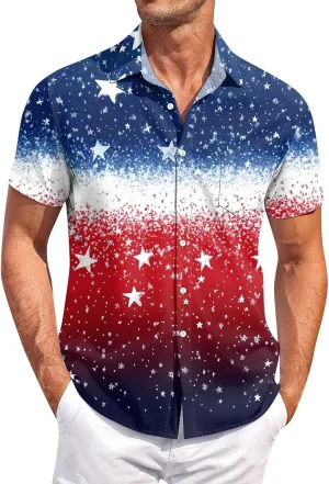 Men's American Flag Print Patriotic Shirt Casual Short Sleeve Hawaiian Button Down Top Summer Vacation Beach Party Blouse