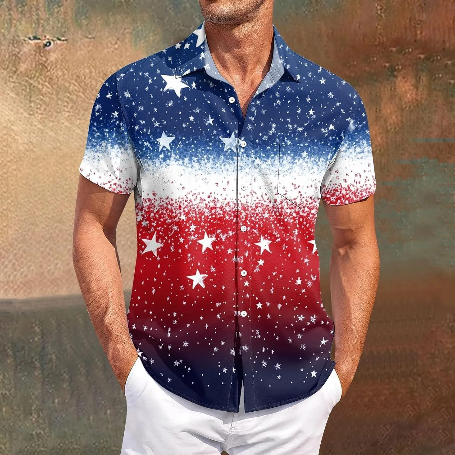 Men's American Flag Print Patriotic Shirt Casual Short Sleeve Hawaiian Button Down Top Summer Vacation Beach Party Blouse