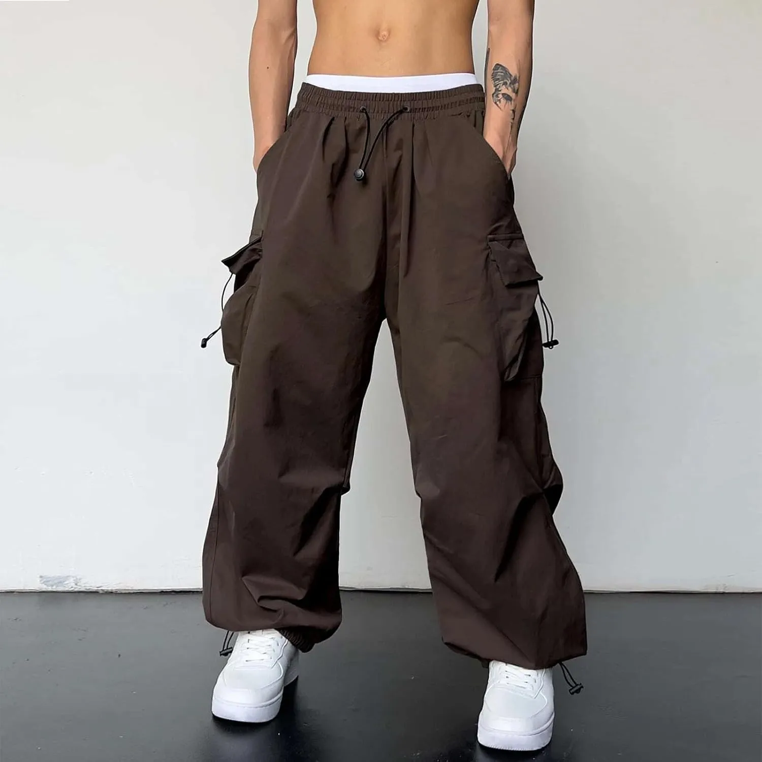 Men's Baggy Cargo Pants Trendy Casual Drawstring Loose Fit Harem Parachute Pants with Pockets
