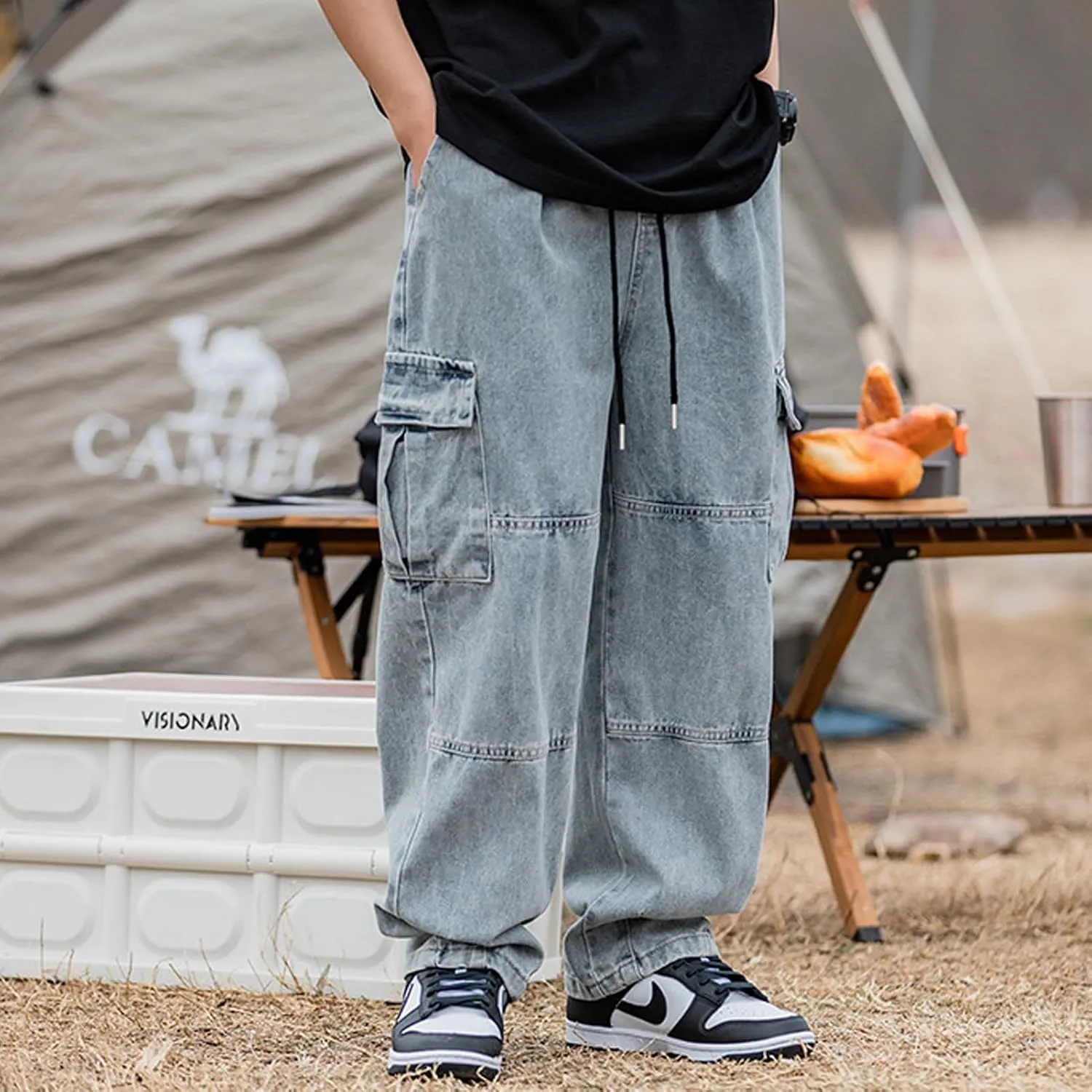 Men's Baggy Hip Hop Jeans Causal Cargo Denim Pants Y2K Joggers Wide Leg Streetwear Jeans with Pockets