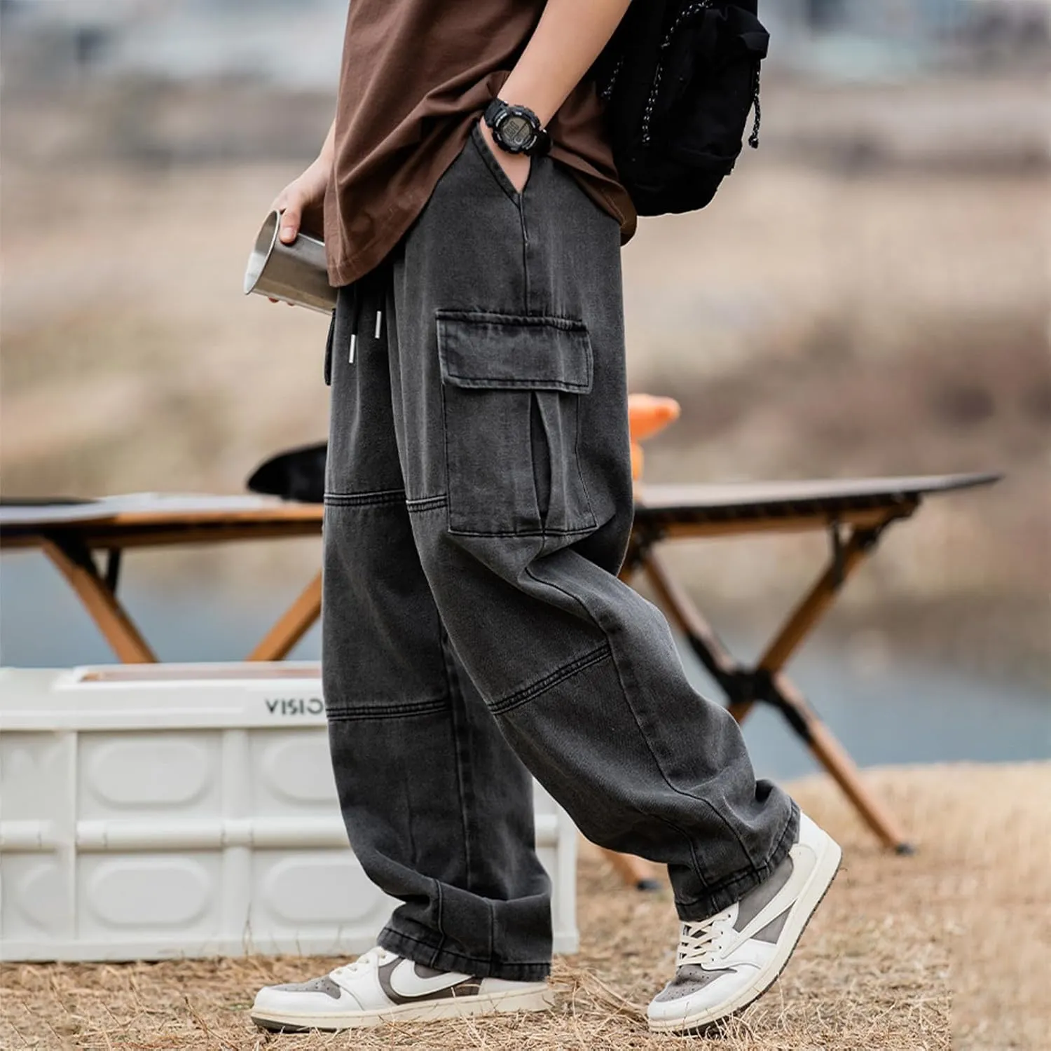 Men's Baggy Hip Hop Jeans Causal Cargo Denim Pants Y2K Joggers Wide Leg Streetwear Jeans with Pockets