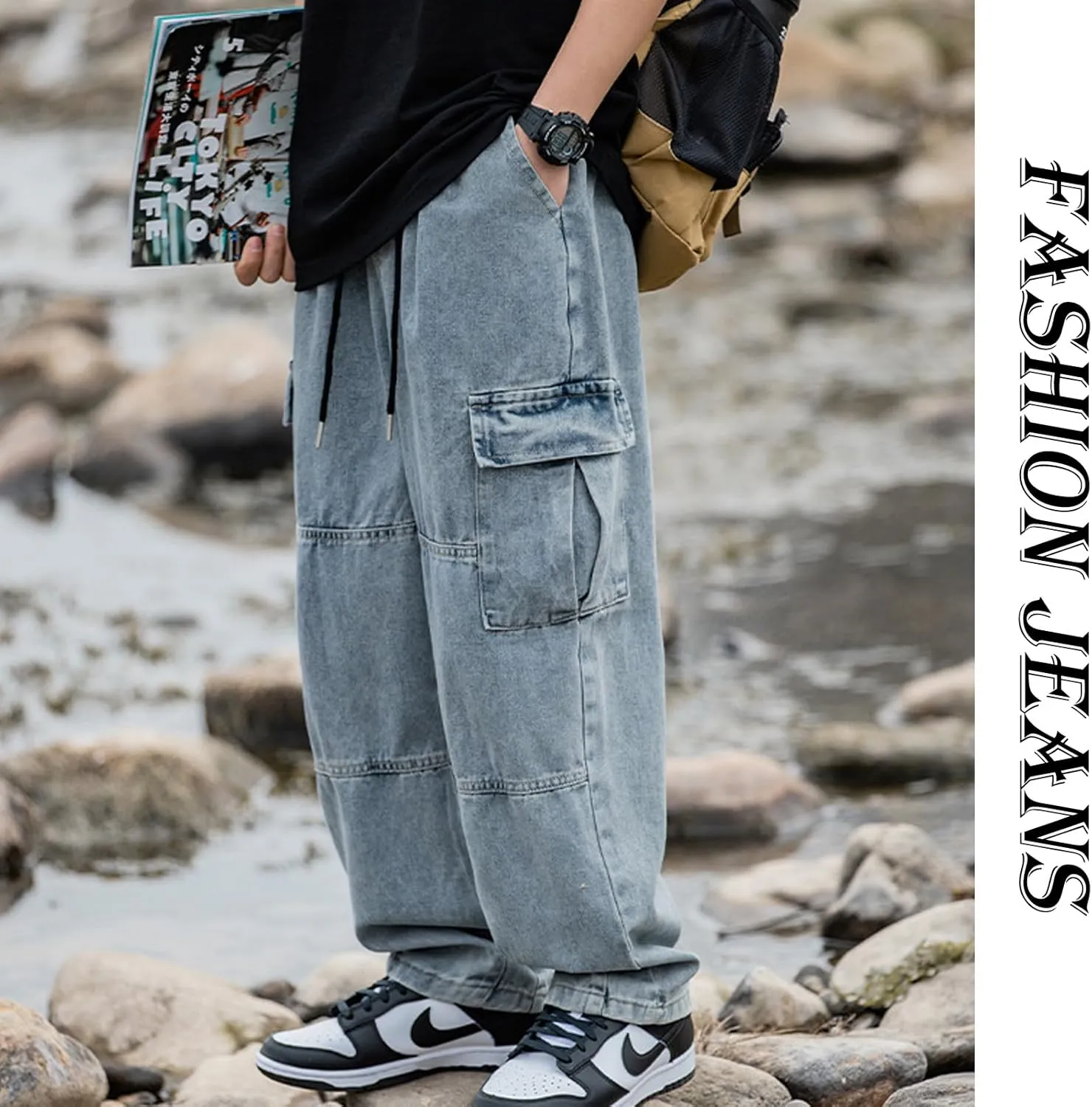 Men's Baggy Hip Hop Jeans Causal Cargo Denim Pants Y2K Joggers Wide Leg Streetwear Jeans with Pockets