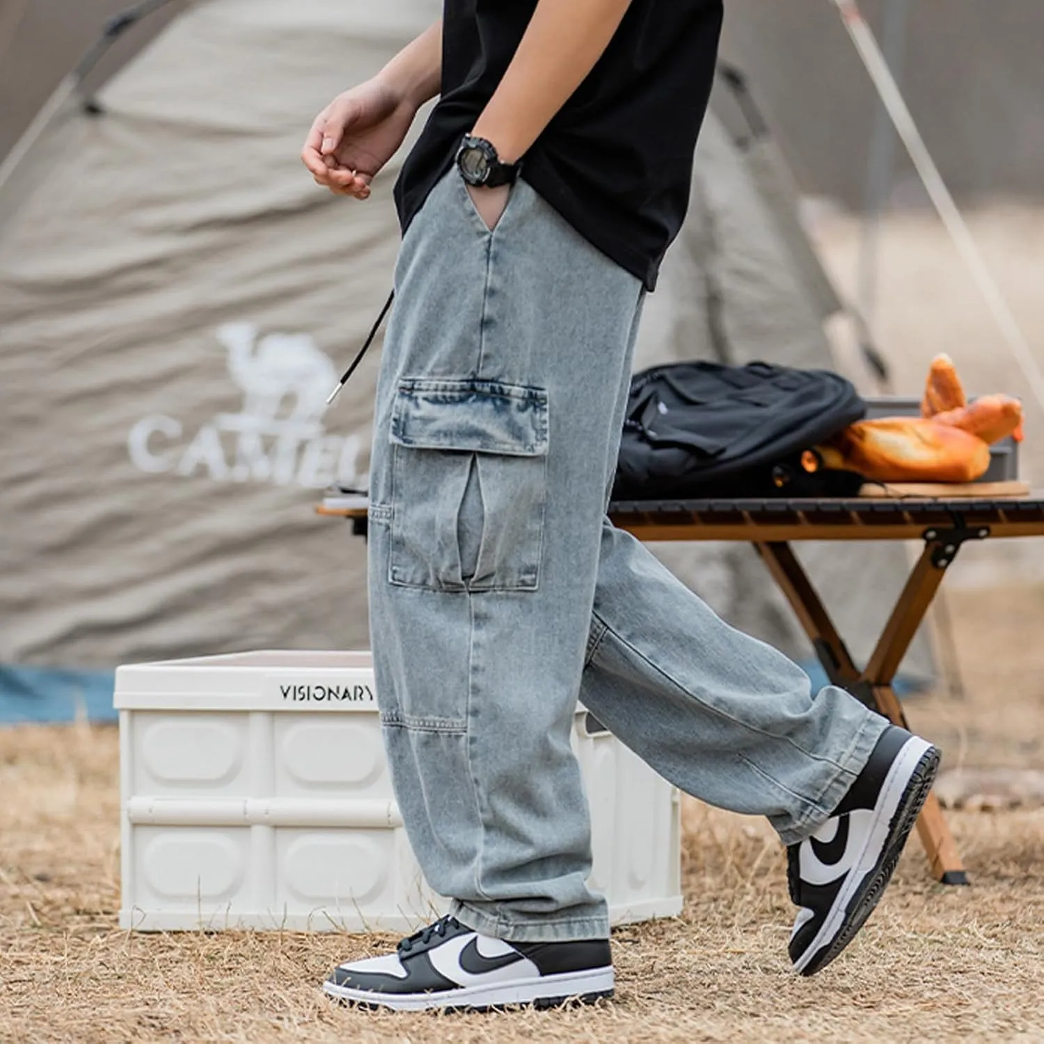 Men's Baggy Hip Hop Jeans Causal Cargo Denim Pants Y2K Joggers Wide Leg Streetwear Jeans with Pockets