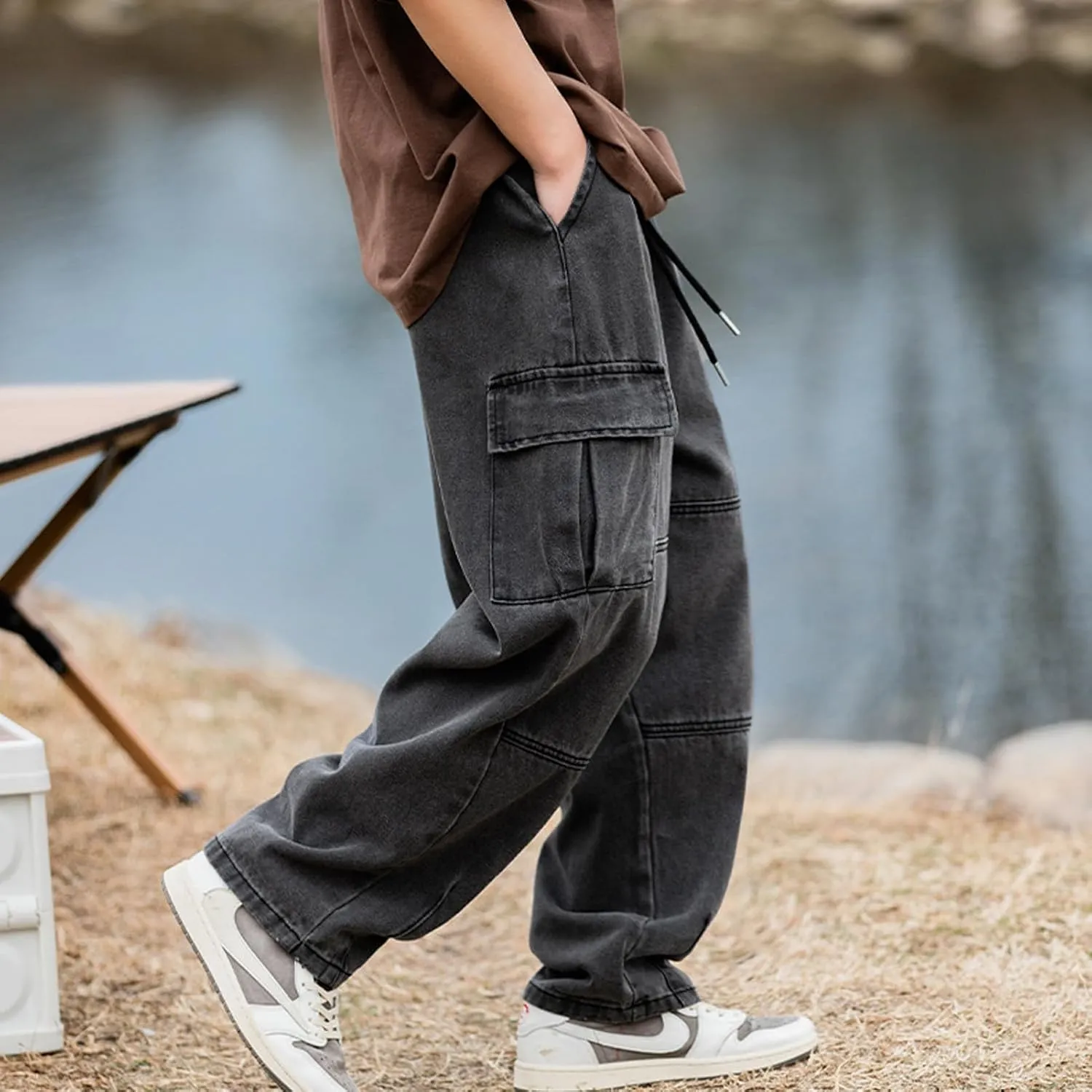 Men's Baggy Hip Hop Jeans Causal Cargo Denim Pants Y2K Joggers Wide Leg Streetwear Jeans with Pockets