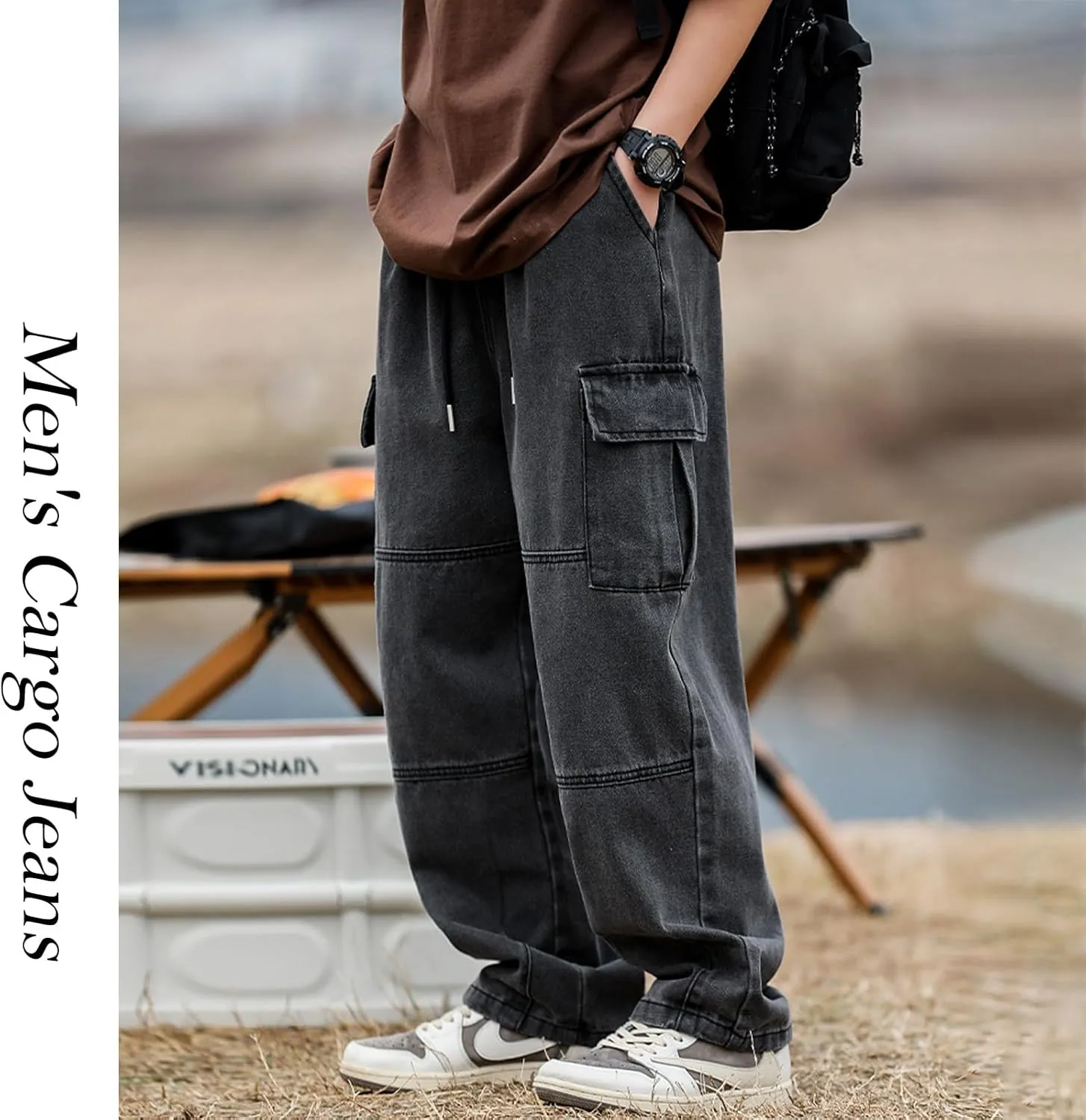 Men's Baggy Hip Hop Jeans Causal Cargo Denim Pants Y2K Joggers Wide Leg Streetwear Jeans with Pockets
