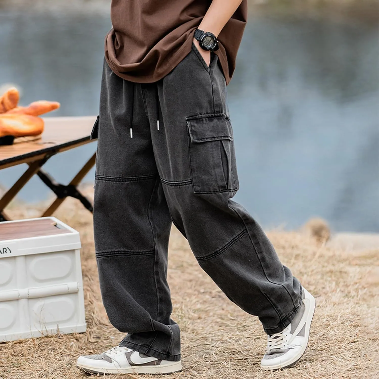 Men's Baggy Hip Hop Jeans Causal Cargo Denim Pants Y2K Joggers Wide Leg Streetwear Jeans with Pockets