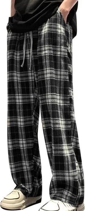 Men's Baggy Wide Leg Pants Summer Elastic Waist Lattice Drawstring Pocket Casual Leisure Sport Comfy Fashion Trousers