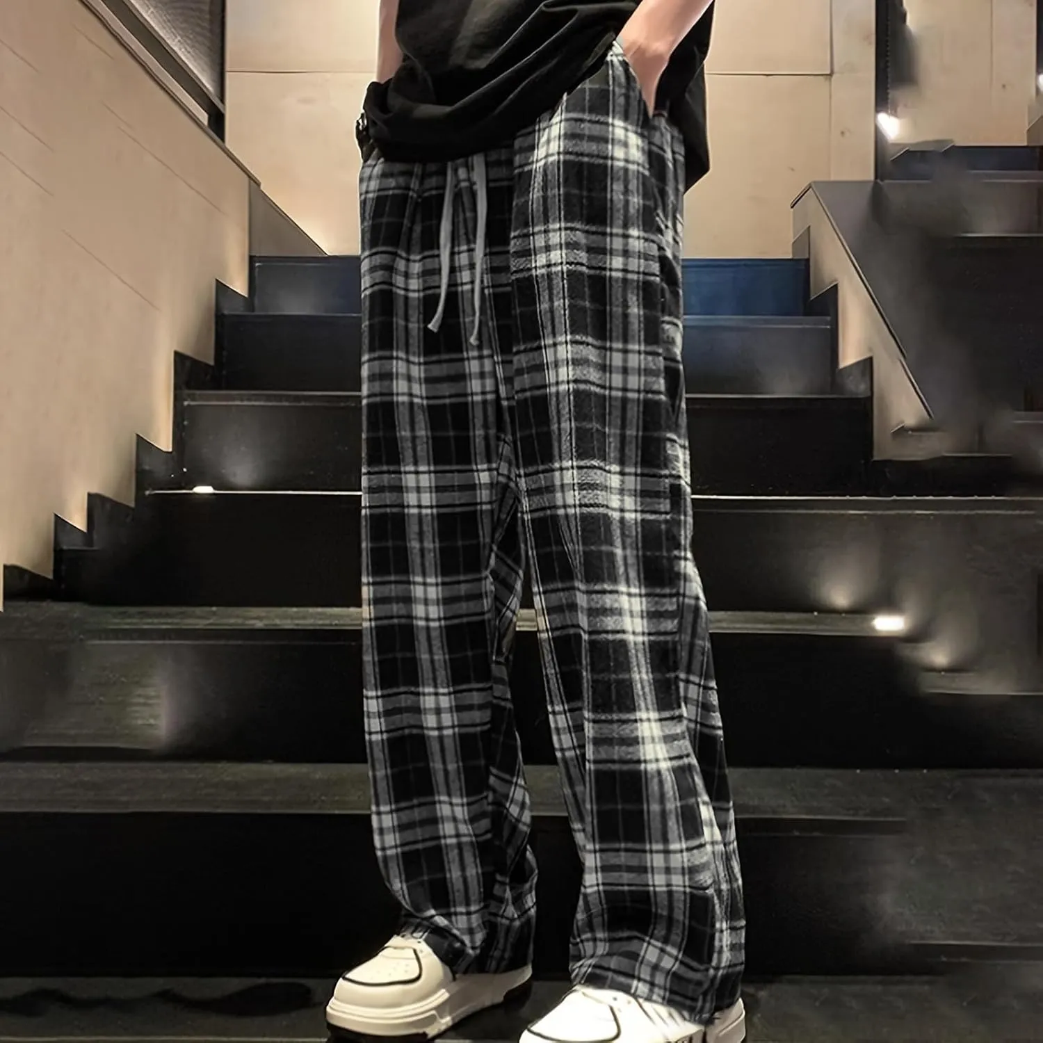 Men's Baggy Wide Leg Pants Summer Elastic Waist Lattice Drawstring Pocket Casual Leisure Sport Comfy Fashion Trousers