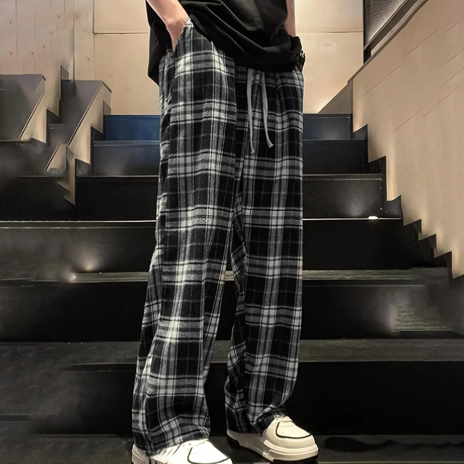 Men's Baggy Wide Leg Pants Summer Elastic Waist Lattice Drawstring Pocket Casual Leisure Sport Comfy Fashion Trousers