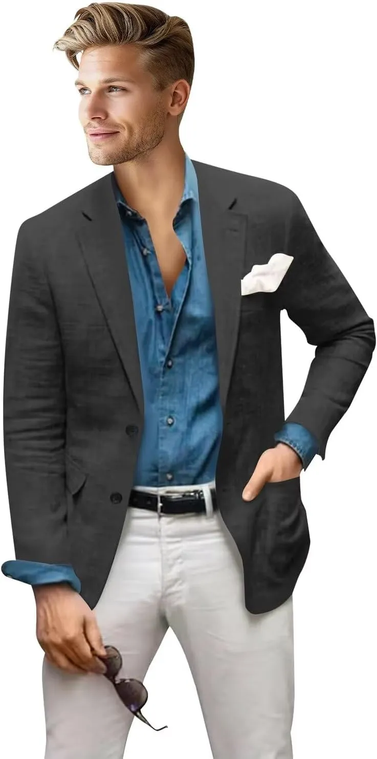 Men's Blazer Linen Jacket Regular Fit Two Buttons Casual Sport Coats Lightweight Sports Jacket