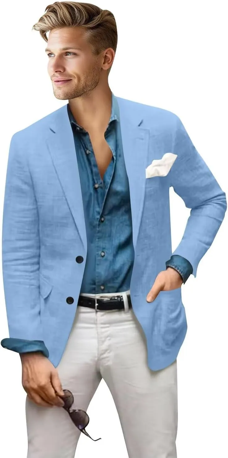 Men's Blazer Linen Jacket Regular Fit Two Buttons Casual Sport Coats Lightweight Sports Jacket