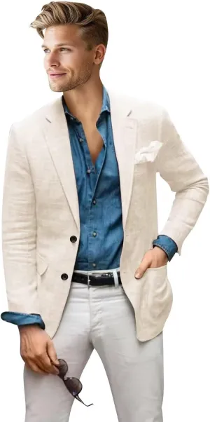 Men's Blazer Linen Jacket Regular Fit Two Buttons Casual Sport Coats Lightweight Sports Jacket