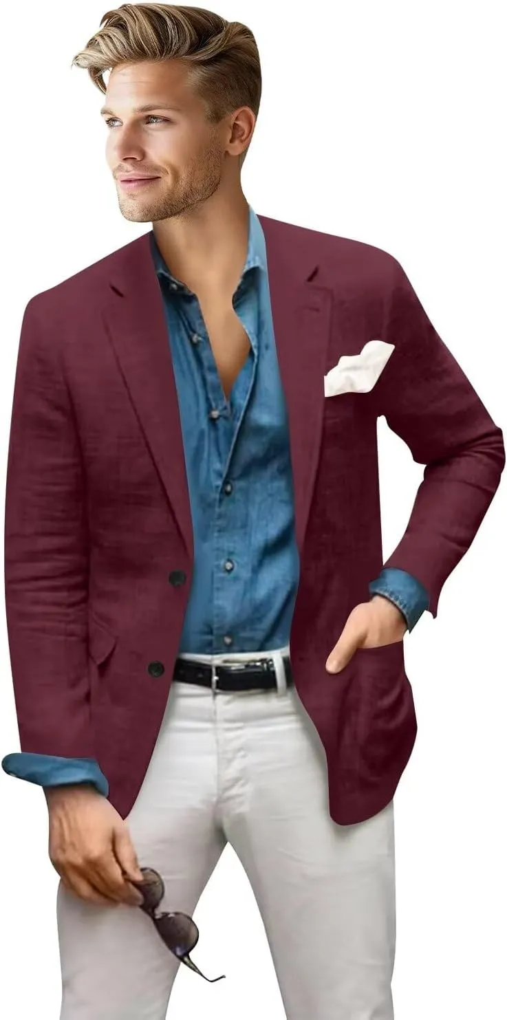 Men's Blazer Linen Jacket Regular Fit Two Buttons Casual Sport Coats Lightweight Sports Jacket