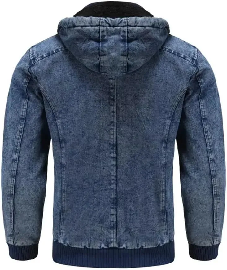 Mens Blue Denim Jackets Fleece Hooded Jeans Jacket Full Zipper Casual Cotton Coat