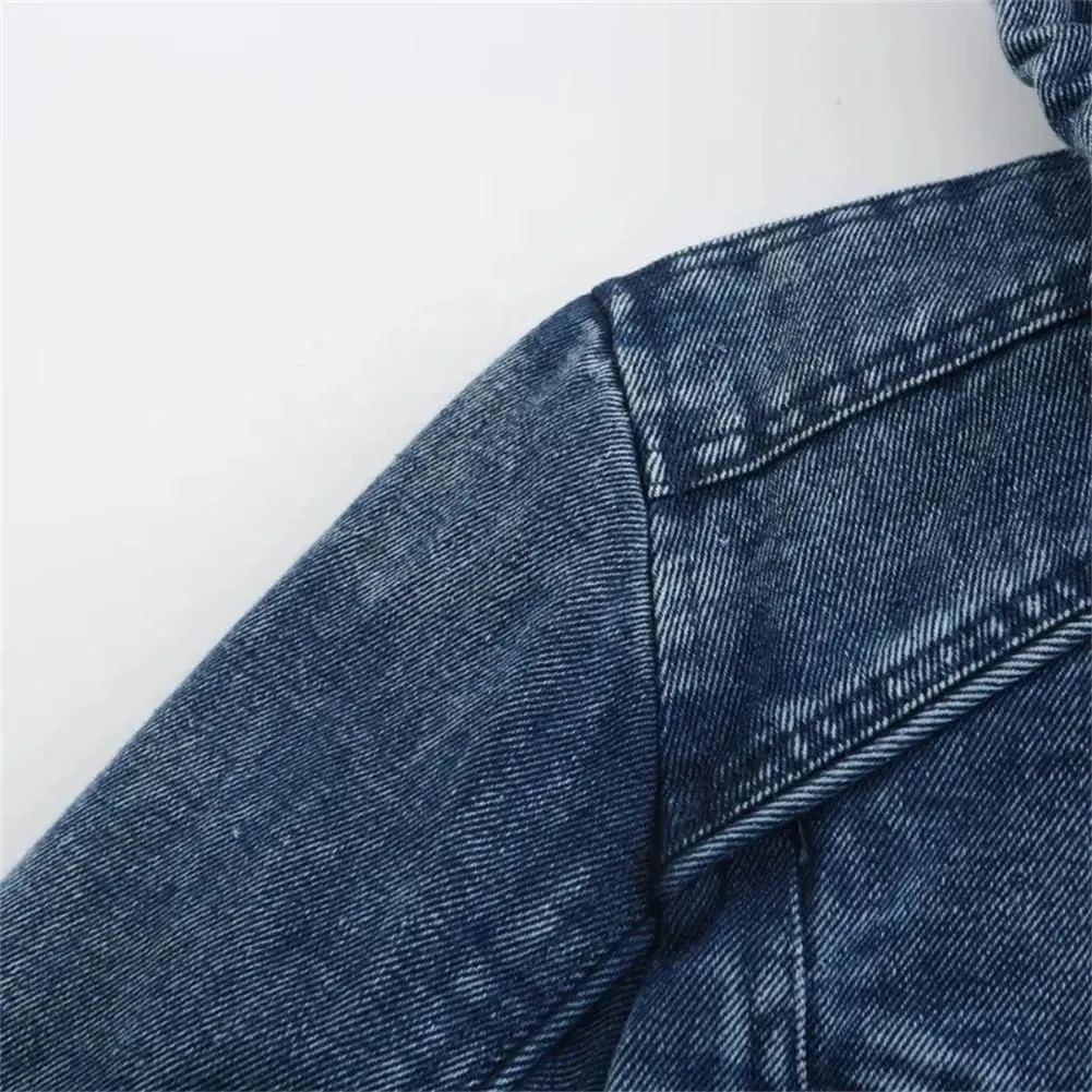 Mens Blue Denim Jackets Fleece Hooded Jeans Jacket Full Zipper Casual Cotton Coat