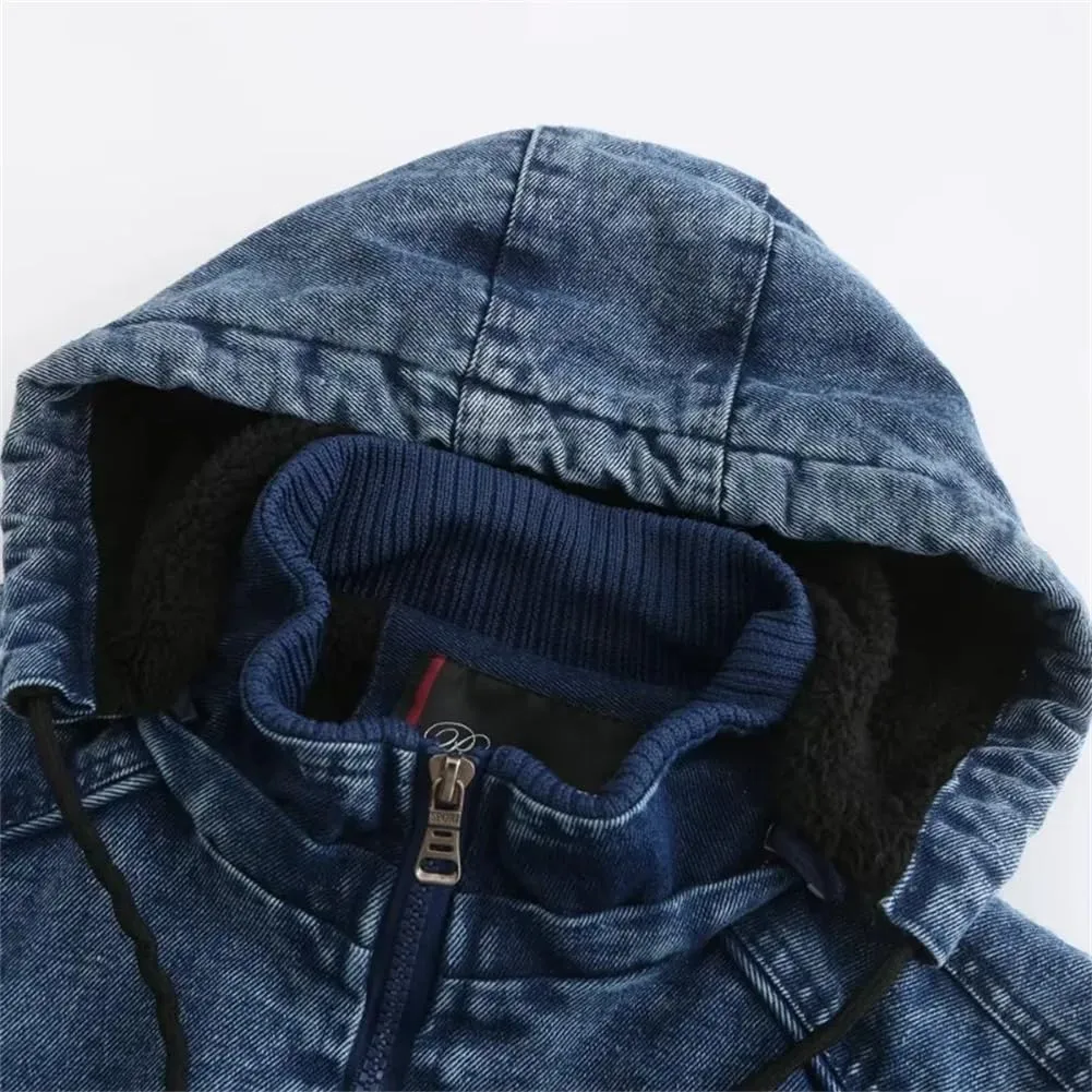 Mens Blue Denim Jackets Fleece Hooded Jeans Jacket Full Zipper Casual Cotton Coat