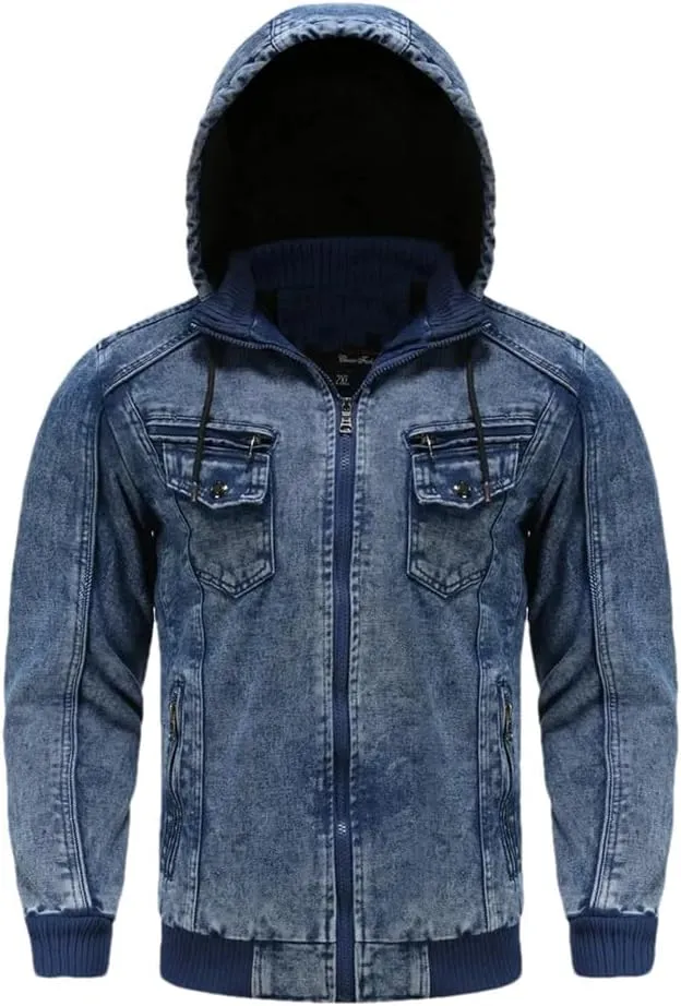Mens Blue Denim Jackets Fleece Hooded Jeans Jacket Full Zipper Casual Cotton Coat