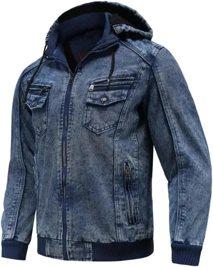 Mens Blue Denim Jackets Fleece Hooded Jeans Jacket Full Zipper Casual Cotton Coat