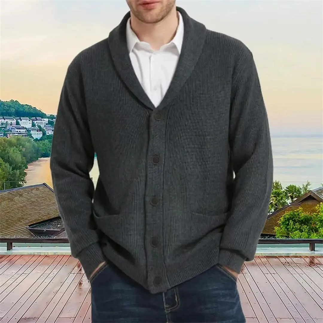 Men's Cardigan Sweater Shawl Collar Button Down Long Sleeve Wool Blend Jacket Casual Warm Sports Jacket with Pockets