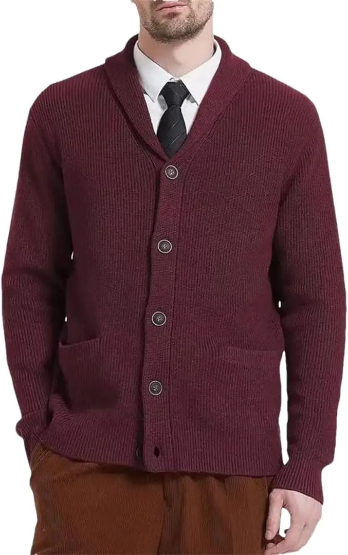 Men's Cardigan Sweater Shawl Collar Button Down Long Sleeve Wool Blend Jacket Casual Warm Sports Jacket with Pockets