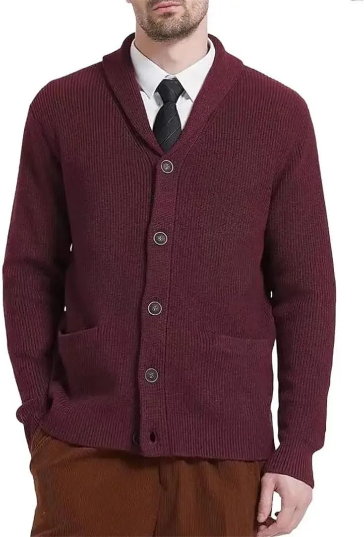 Men's Cardigan Sweater Shawl Collar Button Down Long Sleeve Wool Blend Jacket Casual Warm Sports Jacket with Pockets