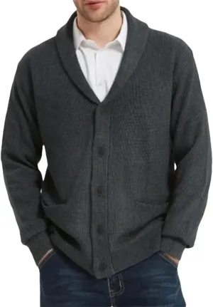 Men's Cardigan Sweater Shawl Collar Button Down Long Sleeve Wool Blend Jacket Casual Warm Sports Jacket with Pockets