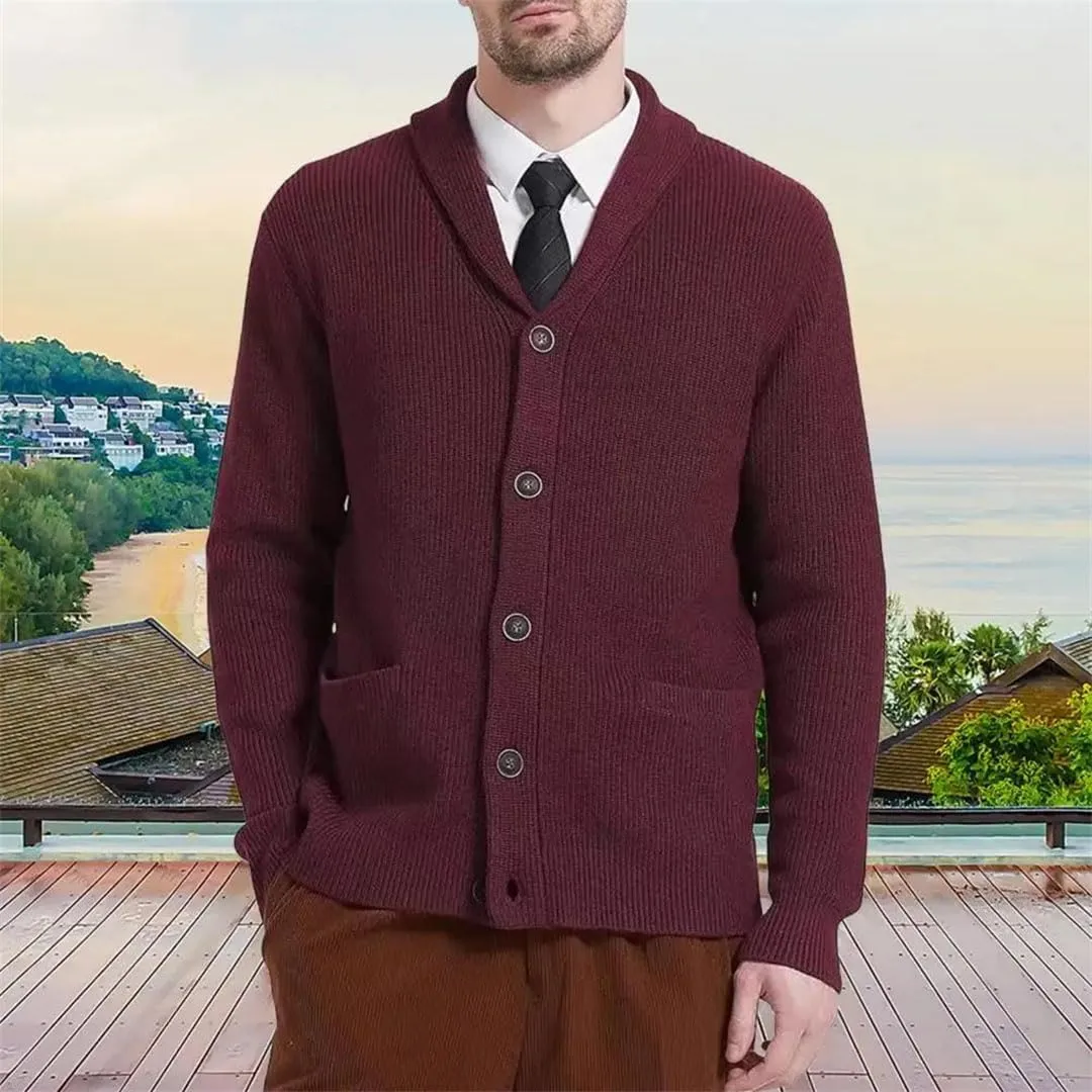 Men's Cardigan Sweater Shawl Collar Button Down Long Sleeve Wool Blend Jacket Casual Warm Sports Jacket with Pockets