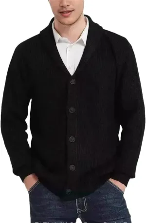 Men's Cardigan Sweater Shawl Collar Button Down Long Sleeve Wool Blend Jacket Casual Warm Sports Jacket with Pockets