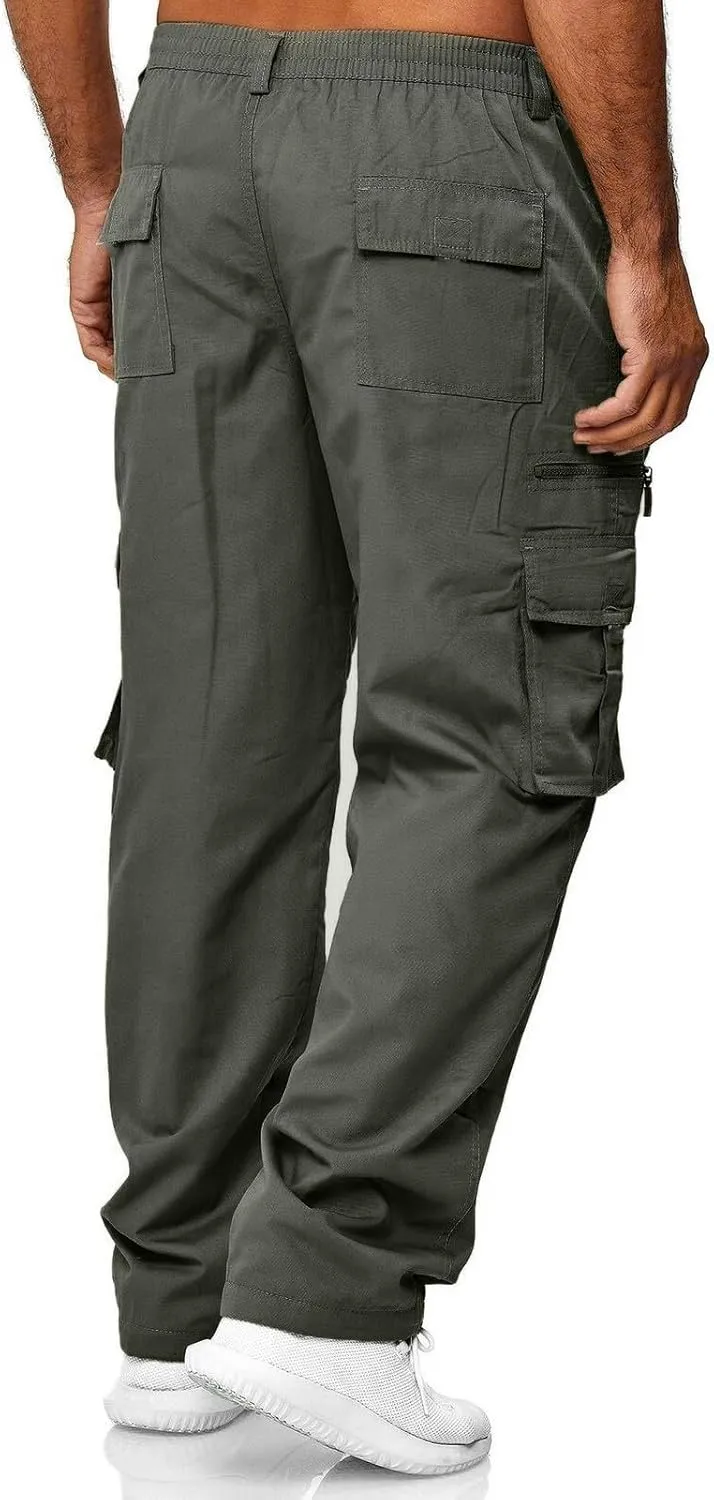 Mens Cargo Pants Big and Tall Elastic Waist Loose Fit Sweatpants Casual Lightweight Stretch Straight Leg Joggers with Pockets