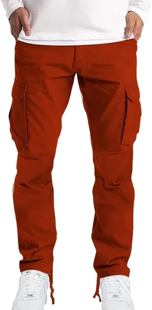 Men’s Cargo Pants Plain Drawstring Elastic Waist Summer Work Pants Casual Plain Sport Trousers with Multi Pockets