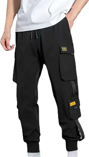 Mens Cargo Pants Plus Size Drawstring Elastic Waist Fall Work Pants Casual Solid Tapered Trousers with Multi Pocket