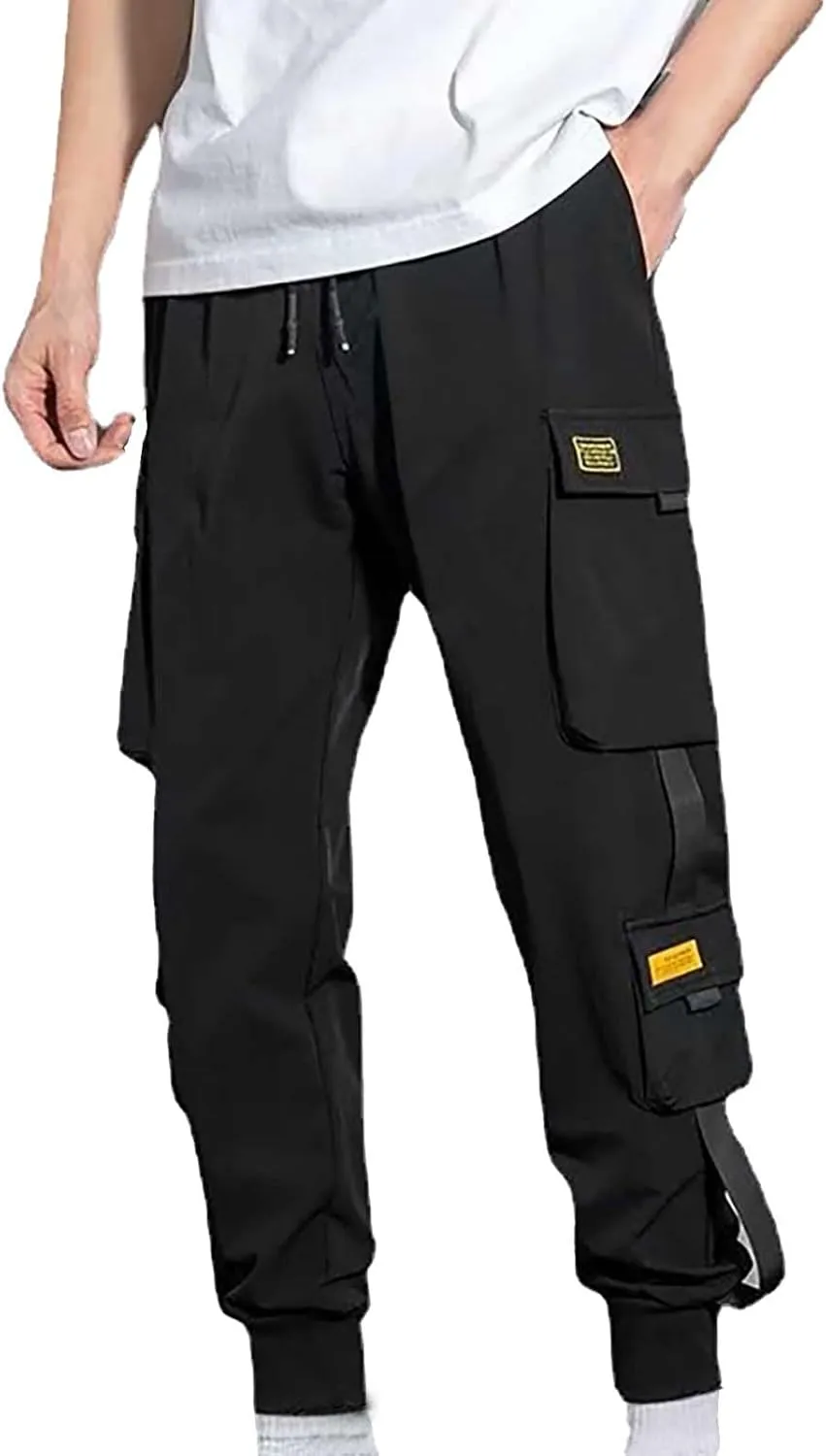Mens Cargo Pants Plus Size Drawstring Elastic Waist Fall Work Pants Casual Solid Tapered Trousers with Multi Pocket