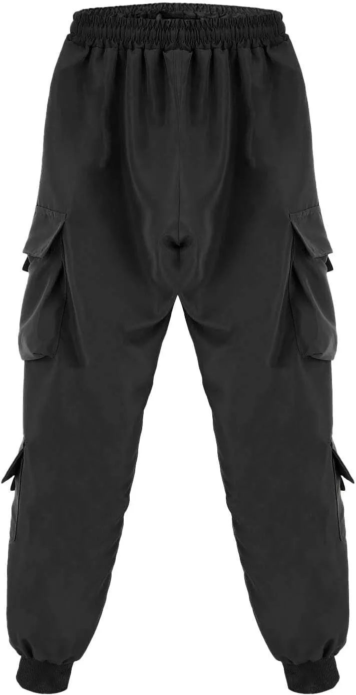 Mens Cargo Pants Plus Size Drawstring Elastic Waist Fall Work Pants Casual Solid Tapered Trousers with Multi Pocket