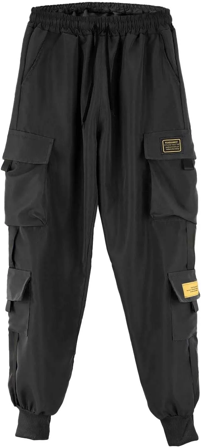 Mens Cargo Pants Plus Size Drawstring Elastic Waist Fall Work Pants Casual Solid Tapered Trousers with Multi Pocket
