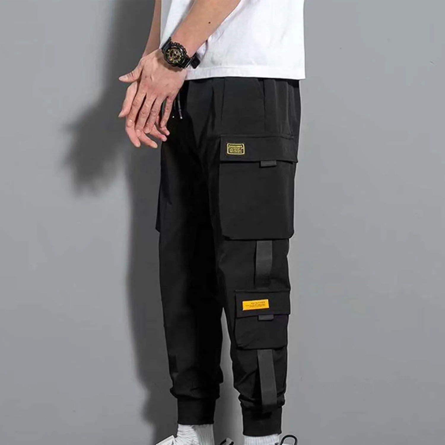 Mens Cargo Pants Plus Size Drawstring Elastic Waist Fall Work Pants Casual Solid Tapered Trousers with Multi Pocket