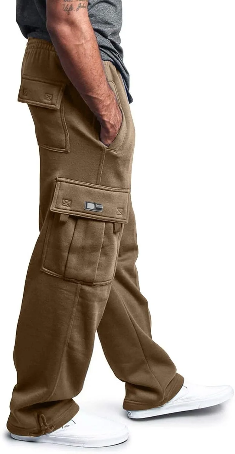 Mens Cargo Sweatpants, Heavyweight Fleece Lined, Wide Leg Joggers, Elastic Waist with Drawstring, Multiple Pockets