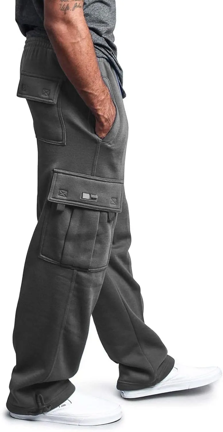 Mens Cargo Sweatpants, Heavyweight Fleece Lined, Wide Leg Joggers, Elastic Waist with Drawstring, Multiple Pockets