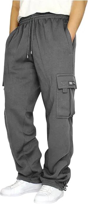 Mens Cargo Sweatpants, Heavyweight Fleece Lined, Wide Leg Joggers, Elastic Waist with Drawstring, Multiple Pockets
