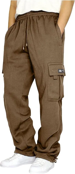 Mens Cargo Sweatpants, Heavyweight Fleece Lined, Wide Leg Joggers, Elastic Waist with Drawstring, Multiple Pockets
