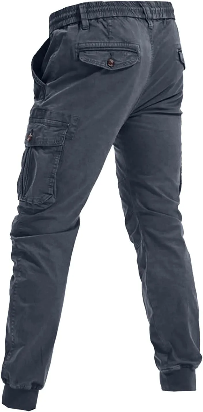 Mens Casual Joggers Cargo Pants Elastic Drawstring Chino Tactical Work Pants Outdoor Hiking Tapered Track Sweatpants