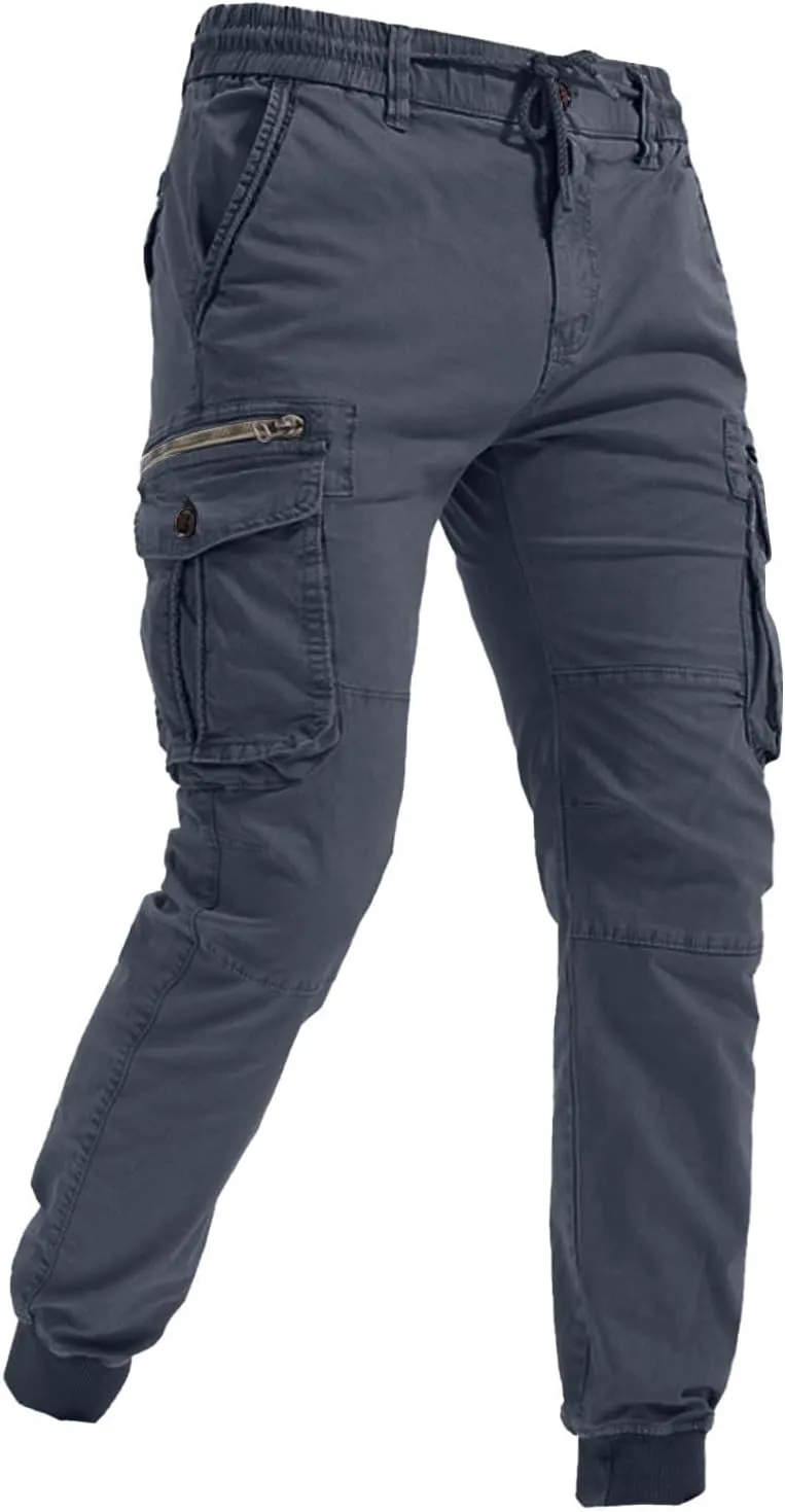 Mens Casual Joggers Cargo Pants Elastic Drawstring Chino Tactical Work Pants Outdoor Hiking Tapered Track Sweatpants