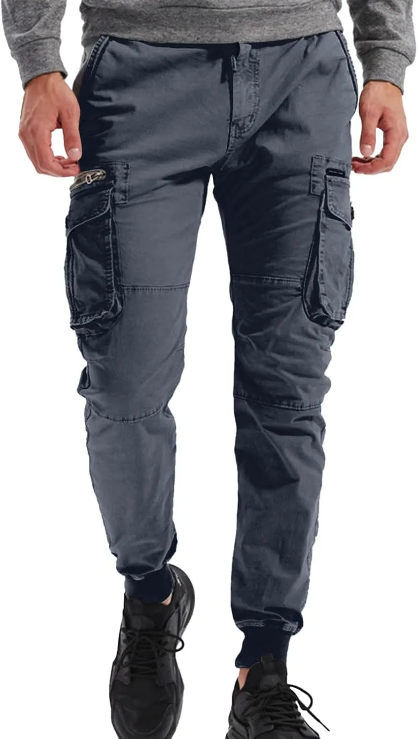 Mens Casual Joggers Cargo Pants Elastic Drawstring Chino Tactical Work Pants Outdoor Hiking Tapered Track Sweatpants