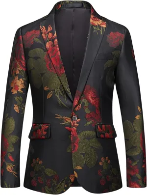 Men's Casual One-Button Printed Suit Slim Fit Printed Floral Blazer Suit Rose Embroidered Suit Jacket Prom Dinner
