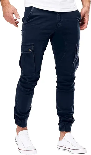 Men's Casual Solid Cargo Jeans Slim Fit Multi Pockets Jean Pant Tapered Workwear Skinny Denim Pants