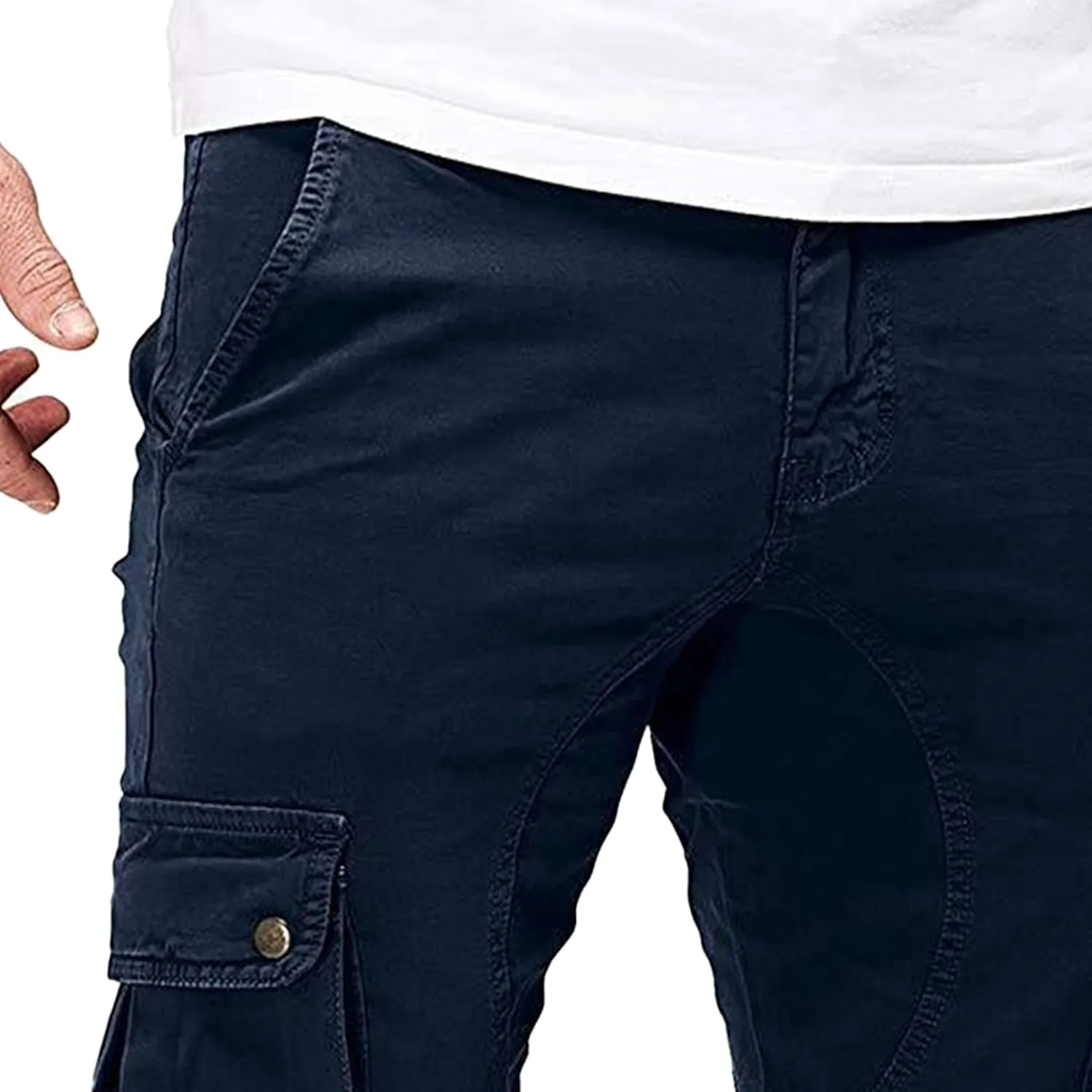 Men's Casual Solid Cargo Jeans Slim Fit Multi Pockets Jean Pant Tapered Workwear Skinny Denim Pants