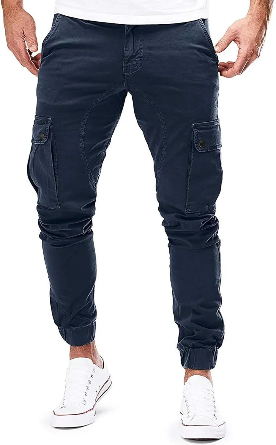 Men's Casual Solid Cargo Jeans Slim Fit Multi Pockets Jean Pant Tapered Workwear Skinny Denim Pants