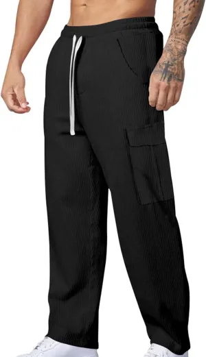 Mens Corduroy Pants Tie Front Elastic Waist Cargo Pants Casual Loose Fit Vintage Wide Leg Sweatpants with Pockets