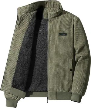 Mens Corduroy Shacket Jacket Casual Solid Color Overshirt Sherpa Lined Coats Outdoor Thicken Coat Full Zip Up with Pockets