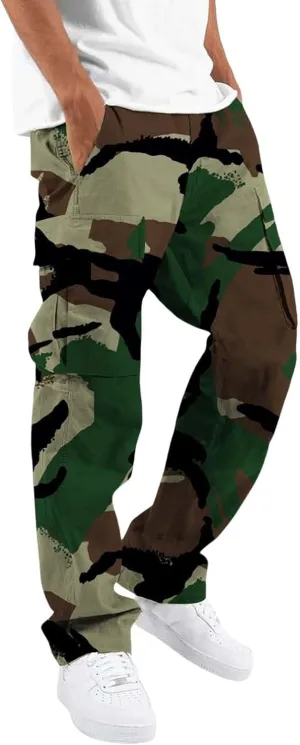 Men's Cotton Hiking Tactical Pants Trousers Drawstring Stretch Elastic Waist Lightweight Outdoor Hiking Pants with Pockets
